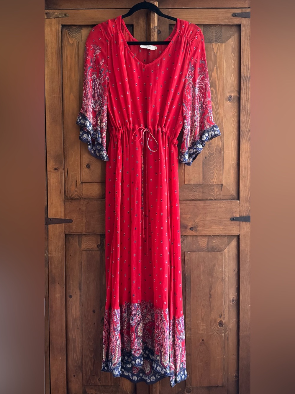 Cream Boho Red Tie-Waist Maxi Dress with Paisley Border